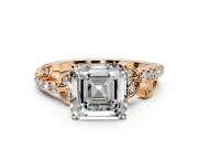 Leaf Motif Engagement Ring Setting for Asscher Cut Center with Pave Band and Prong Head in Rose Gold