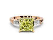 3 Stone Engagement Ring Setting for Fancy Yellow Princess Cut Center with Channel Baguette Accents and Prong Head in Rose Gold