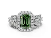 Milgrain Halo Engagement Ring Setting for Fancy Green Emerald Cut Center with Shoulder Bezels and Prong Head in Platinum