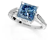 Cathedral Engagement Ring Setting for Fancy Blue Princess Cut Center with Antique-Style Pave Band and Prong Head in Platinum