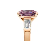 3 Stone Engagement Ring Setting for Fancy Pink Emerald Cut Center with Channel Baguette Accents and Prong Head in Rose Gold
