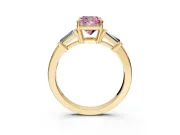 3 Stone Engagement Ring Setting for Fancy Pink Cushion Cut Center with Baguette Accents and Prong Head in Yellow Gold