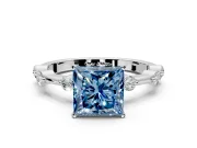 Solitaire Engagement Ring Setting for Fancy Blue Princess Cut Center with Bezel Station Band and Prong Head in Platinum