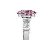 3 Stone Engagement Ring Setting for Fancy Pink Oval Center with Channel Baguette Accents and Prong Head in Sterling Silver