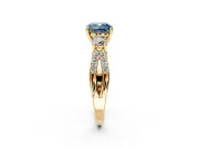 3 Stone Engagement Ring Setting for Fancy Blue Cushion Cut Center with Pave Split Shank and Prong Head in Yellow Gold