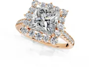 Halo Engagement Ring Setting for Princess Cut Center with Single-Row Pave, Open Basket and Prong Head in Rose Gold