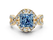 Halo Engagement Ring Setting for Fancy Blue Princess Cut Center with Pave Infinity Twist Band and Prong Head in Yellow Gold