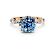 Hidden Halo Engagement Ring Setting for Fancy Blue Round Cut Center with Pave Band and Prong Head in Rose Gold