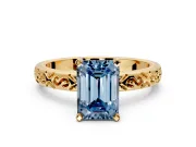 Solitaire Engagement Ring Setting for Fancy Blue Emerald Cut Center with Scrollwork Band and Prong Head in Yellow Gold