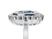 Halo Engagement Ring Setting for Fancy Blue Asscher Cut Center with Milgrain Bezel Rim, Plain Band and Prong Head in Sterling Silver