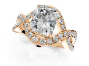 Halo Engagement Ring Setting for Radiant Cut Center with Pave Infinity Twist Band and Prong Head in Rose Gold