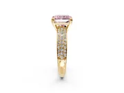 Solitaire Engagement Ring Setting for Fancy Pink Radiant Cut Center with Multi-Row Pave Accents and Basket Head in Yellow Gold