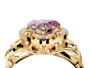 Halo Engagement Ring Setting for Fancy Pink Heart-Shaped Center with Open Scroll Shoulders and Prong Head in Yellow Gold