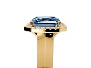 Halo Engagement Ring Setting for Fancy Blue Asscher Cut Center with Knife Ridge Cathedral Band and Prong Head in Yellow Gold