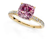 Solitaire Engagement Ring Setting for Fancy Pink Cushion Cut Center with Fine Pave Band and Prong Head in Yellow Gold