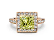 Bezel-Framed Halo Engagement Ring Setting for Fancy Yellow Princess Cut Center with Pave Band and Prong Head in Rose Gold