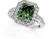 Bezel-Framed Halo Engagement Ring Setting for Fancy Green Radiant Cut Center with Pave Band and Prong Head in Platinum