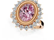 Halo Engagement Ring Setting for Fancy Pink Oval Center with Milgrain Bezel Rim, Plain Band and Prong Head in Rose Gold