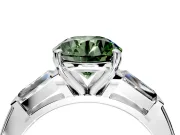 3 Stone Engagement Ring Setting for Fancy Green Round Cut Center with Tapered Baguettes, Plain Band and Prong Head in White Gold