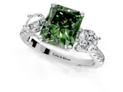 3 Stone Engagement Ring Setting for Fancy Green Radiant Cut Center with Crossover Basket, Pave Band and Prong Head in White Gold