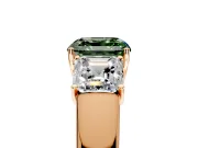 3 Stone Engagement Ring Setting for Fancy Green Asscher Cut Center with Raised Basket Heads and Prong Head in Rose Gold
