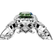Milgrain Halo Engagement Ring Setting for Fancy Green Emerald Cut Center with Shoulder Bezels and Prong Head in Platinum