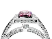 Halo Engagement Ring Setting for Fancy Pink Emerald Cut Center with Framed Halo, Pave Band and Prong Head in Platinum