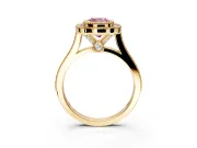 Halo Engagement Ring Setting for Fancy Pink Cushion Cut Center with Milgrain Frame, Pave Band and Prong Head in Yellow Gold