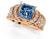 Pave Engagement Ring Setting for Fancy Blue Princess Cut Center with Curved Accent Rows, Openwork and Prong Head in Rose Gold
