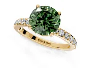 Solitaire Engagement Ring Setting for Fancy Green Round Cut Center with Round Cut Pave Band and Prong Head in Yellow Gold