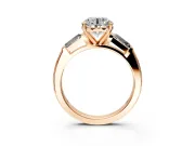 3 Stone Engagement Ring Setting for Round Cut Center with Tapered Baguettes, Plain Band and Prong Head in Rose Gold