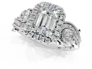 Milgrain Halo Engagement Ring Setting for Emerald Cut Center with Shoulder Bezels and Prong Head in Platinum