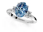 3 Stone Engagement Ring Setting for Fancy Blue Oval Center with Wide Plain Band and Prong Head in Platinum