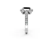Halo Engagement Ring Setting for Fancy Black Radiant Cut Center with Milgrain Channel Band and Prong Head in White Gold