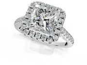 Halo Engagement Ring Setting for Princess Cut Center with Narrowing Pave Band and Prong Head in White Gold