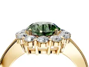 Halo Engagement Ring Setting for Fancy Green Round Cut Center with Milgrain Channel Band and Prong Head in Yellow Gold