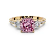 3 Stone Engagement Ring Setting for Fancy Pink Cushion Cut Center with Round Cut Side Accents and Prong Head in Yellow Gold