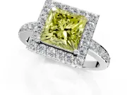 Halo Engagement Ring Setting for Fancy Yellow Princess Cut Center with Heart-Shaped Openwork, Pave Band and Prong Head in White Gold