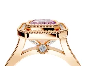 Halo Engagement Ring Setting for Fancy Pink Radiant Cut Center with Milgrain Frame, Pave Band and Prong Head in Rose Gold