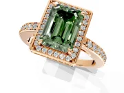 Halo Engagement Ring Setting for Fancy Green Emerald Cut Center with Metal-Rimmed Halo, Pave Band and Prong Head in Rose Gold