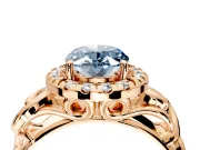 Halo Engagement Ring Setting for Fancy Blue Oval Center with Open Scroll Shoulders and Prong Head in Rose Gold