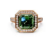 Halo Engagement Ring Setting for Fancy Green Asscher Cut Center with Outer Bezel Rim, Pave Band and Prong Head in Rose Gold