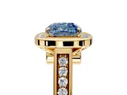 Halo Engagement Ring Setting for Fancy Blue Cushion Cut Center with Outer Bezel Rim, Pave Band and Prong Head in Yellow Gold