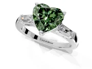 3 Stone Engagement Ring Setting for Fancy Green Heart-Shaped Center with Tapered Baguettes, Plain Band and Prong Head in White Gold
