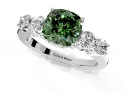 5 Stone Engagement Ring Setting for Fancy Green Cushion Cut Center with Equal Close-Set Accents and Prong Head in Platinum