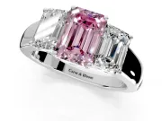 3 Stone Engagement Ring Setting for Fancy Pink Emerald Cut Center with Raised Basket Heads and Prong Head in Platinum