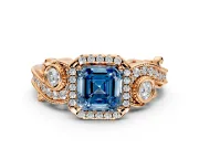 Milgrain Halo Engagement Ring Setting for Fancy Blue Asscher Cut Center with Shoulder Bezels and Prong Head in Rose Gold