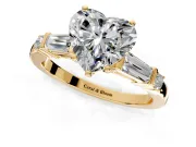 Bar-Set Engagement Ring Setting for Heart-Shaped Center with Tapered Baguette Accents and Prong Head in Yellow Gold