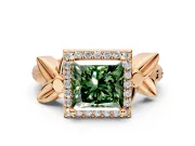 Halo Engagement Ring Setting for Fancy Green Princess Cut Center with Floral Band and Prong Head in Rose Gold