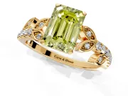 Leaf Motif Engagement Ring Setting for Fancy Yellow Emerald Cut Center with Pave Band and Prong Head in Yellow Gold